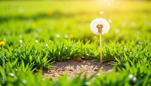 Dandelion flower standing in green grass under bright sunlight  