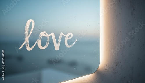 Handwritten word 'love' on reflective surface with soft lighting  