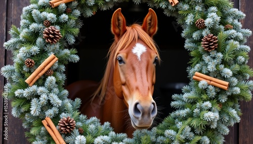 Horse peeking through decorative Christmas wreath with pinecones  