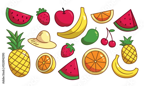 A playful collection of tropical summer fruits in cartoon doodle style, featuring watermelon, pineapple, banana, strawberry, orange, cherry, mango, apple, and a sun hat.