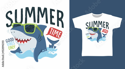 Summer shark hand drawn illustration vector, ready for print on t-shirt and other uses.