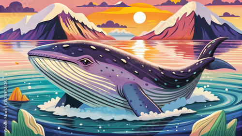 Vector illustration of a whale surfacing near an arctic iceberg great for ocean wildlife, climate awareness, polar nature, and marine conservation themes