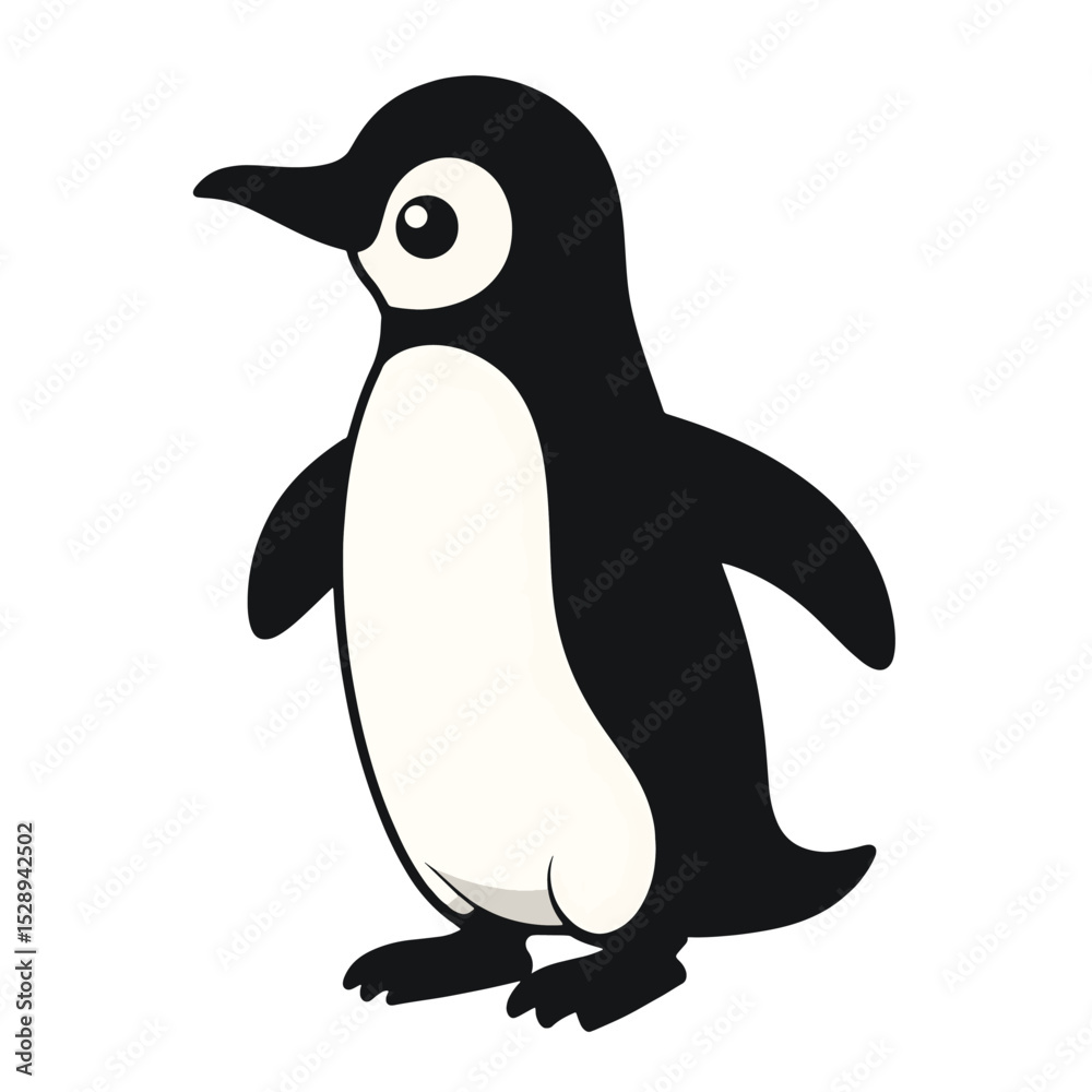 Obraz premium Minimalist Cartoon Penguin Black Silhouette Vector with Big Eyes and Flippers on White Background