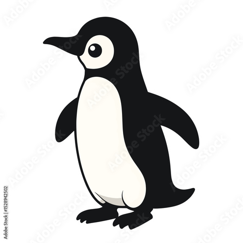 Minimalist Cartoon Penguin Black Silhouette Vector with Big Eyes and Flippers on White Background