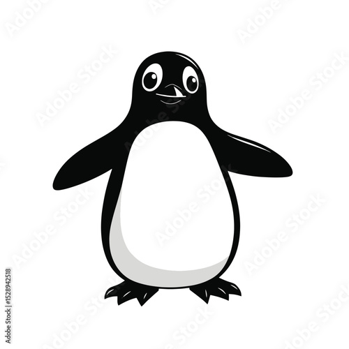 Minimalist Cartoon Penguin Black Silhouette Vector with Big Eyes and Flippers on White Background
