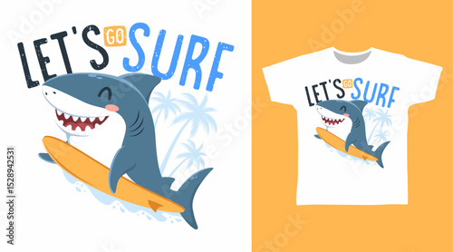 Cute shark surfing hand drawn illustration vector, ready for print on t-shirt and other uses.