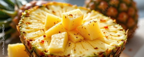 fresh pineapple chunks with chili powder sprinkle, metabolism boosting tropical fruit, bright natural light, fresh and energizing atmosphere