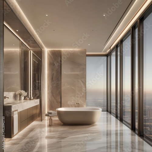 Elegant luxury bathroom with high-end fixtures, marble floor and walls, freestanding tub, subtle modern lighting, light colors