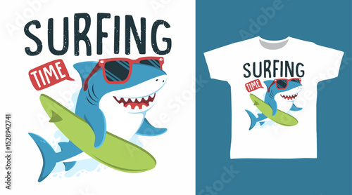 Cool shark with surfboard hand drawn illustration vector, ready for print on t-shirt and other uses.