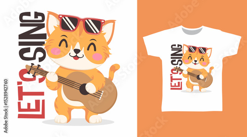 Cute cat with guitar hand drawn illustration vector, ready for print on t-shirt and other uses