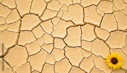 A desert background of dry, cracked earth. A lone sunflower flower on a dry earth background.