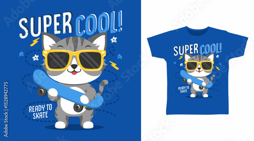 Super cool kitten with skateboard hand drawn illustration vector, ready for print on t-shirt and other uses