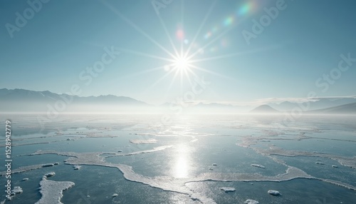 Vast icy landscape under bright sun with reflections on water  