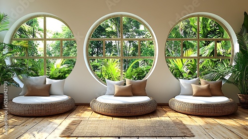 plant display with a variety of large leafy plants in decorative pots arranged around the room, 

