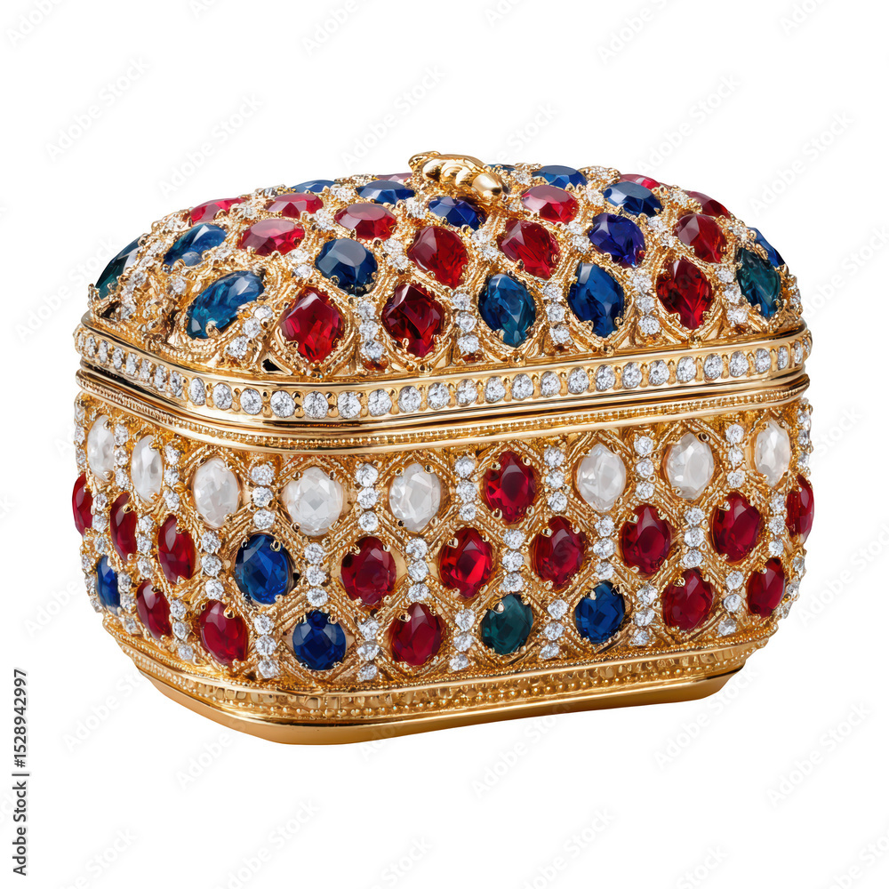 Exquisite jewelry box adorned with vibrant gemstones and intricate golden detailing for luxury display Exquisite jewelry box adorned with vibrant gemstones and intricate golden detailing for luxury display