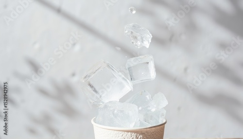 Ice cubes falling into a paper cup on a light background  