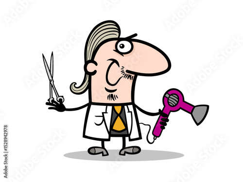 Funny cartoon hair stylist with scissors and hair dryer