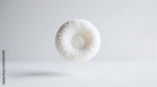 White donut floating against a minimalistic white background  