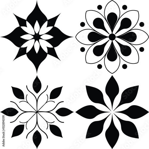 Four Abstract Floral Designs Isolated on White Background in Black Color Palette