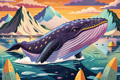 Vector illustration of a whale surfacing near an arctic iceberg great for ocean wildlife, climate awareness, polar nature, and marine conservation themes