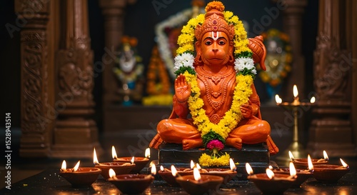 Lord Hanuman Statue Decorated with Flowers and Lights