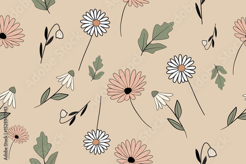Elegant floral pattern featuring hand-drawn daisies and delicate leaves on a beige background. Soft, vintage-style design perfect for wallpapers, fabric prints, stationery, or digital paper.
