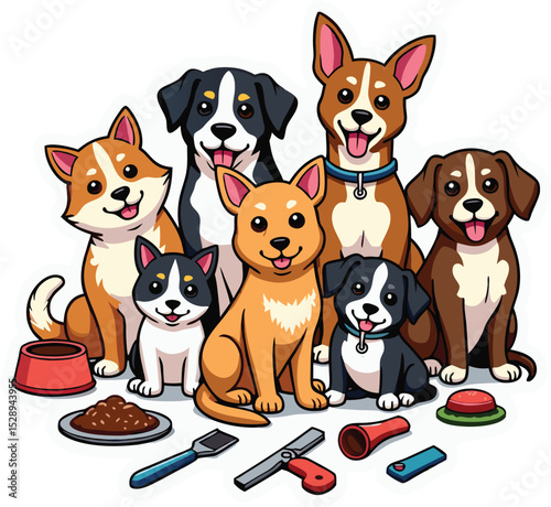 Group of Happy Dogs and Cats with Various Pet Toys