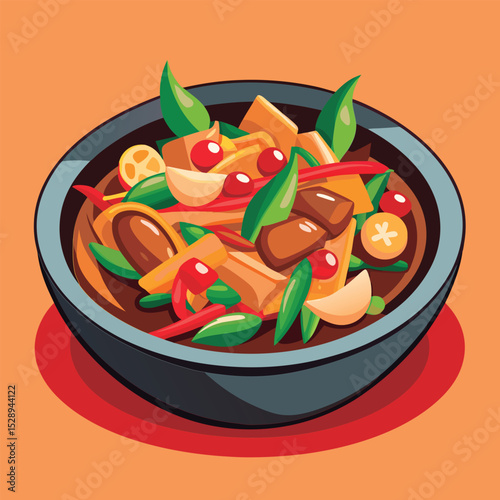 Colorful Asian stir-fry in a bowl.