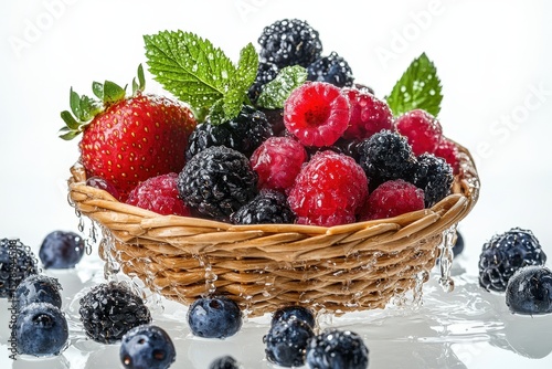 Fresh Berries in a Basket with Water Droplets and Mint Leaves