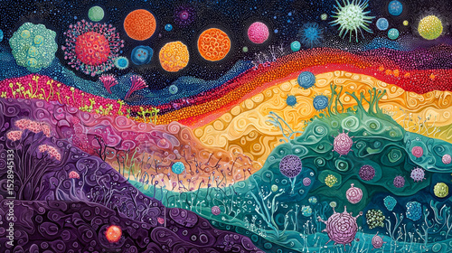 This colorful illustration artistically represents the cellular layers of the skin interacting with various allergens and particles