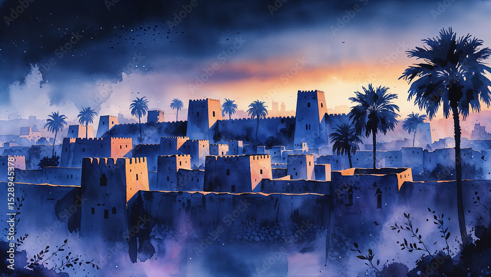 Fototapeta premium Watercolor painting of an ancient walled city with palm trees and sunset sky