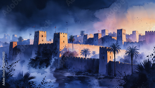 Watercolor painting of an ancient city wall with towers and palm trees at dusk