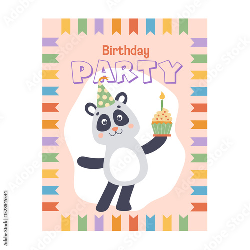 Cute colorful panda birthday party invitation. Cartoon template kids. Hand-drawn vector illustration in flat style.