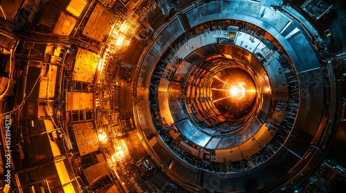 An advanced particle accelerator radiates with energy, showcasing intricate machinery in high-energy physics research.
