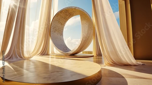Modern beige interior with flowing drapes and a circular stone sculpture