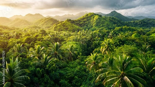 Lush tropical landscape with mountains and palm trees