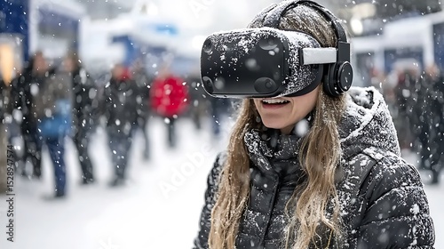 young woman with snowboard, Woman wearing a virtual reality headset in a crystal world, 