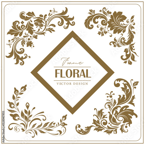 Elegant floral frame with ornate corner decorations and a clean vector design.