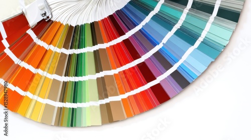Vibrant fan-shaped array of color swatches arranged in a circular pattern on a white background, showcasing a wide spectrum of hues transitioning smoothly from outer reds, oranges, and yellows to inne photo