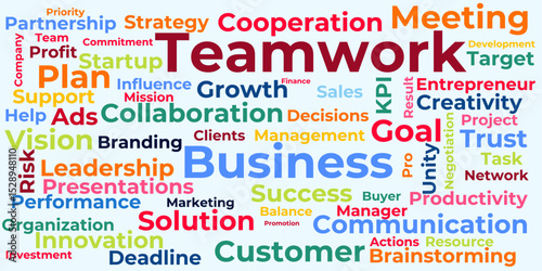 Dynamic word cloud highlighting "Teamwork" surrounded by essential business, collaboration, and success-related terms, perfect for corporate and motivational visuals.