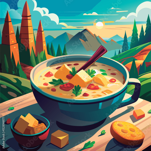 Delicious soup scene in a scenic mountain setting.