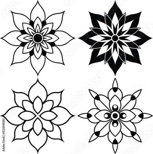 Four Floral Designs Intricate Black and White Flower Mandalas on White Background