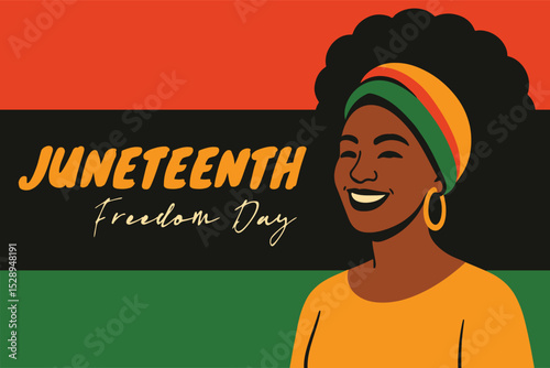 Juneteenth Freedom Day Celebration
Bold vector illustration celebrating Juneteenth, featuring a smiling African American woman with an Afro hairstyle and colorful headwrap. 