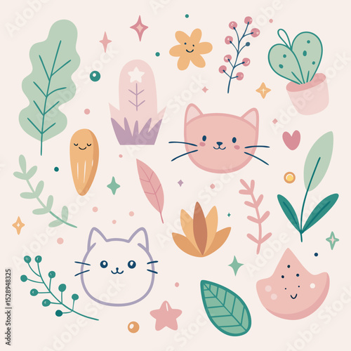 Cute cats and floral elements illustration