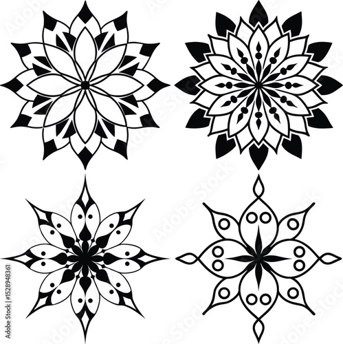 Four floral Mandalas with petals in detailed silhouette on White background
