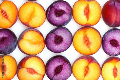Colorful Plums Sliced In Half Showcasing Their Vibrant Flesh