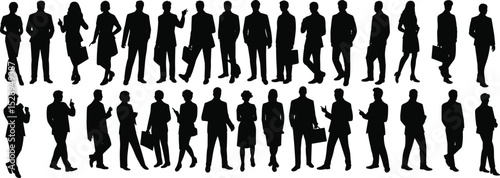 Silhouettes of business professionals standing and walking in formal office wear, black vector illustration for corporate design projects  flat vector illustration