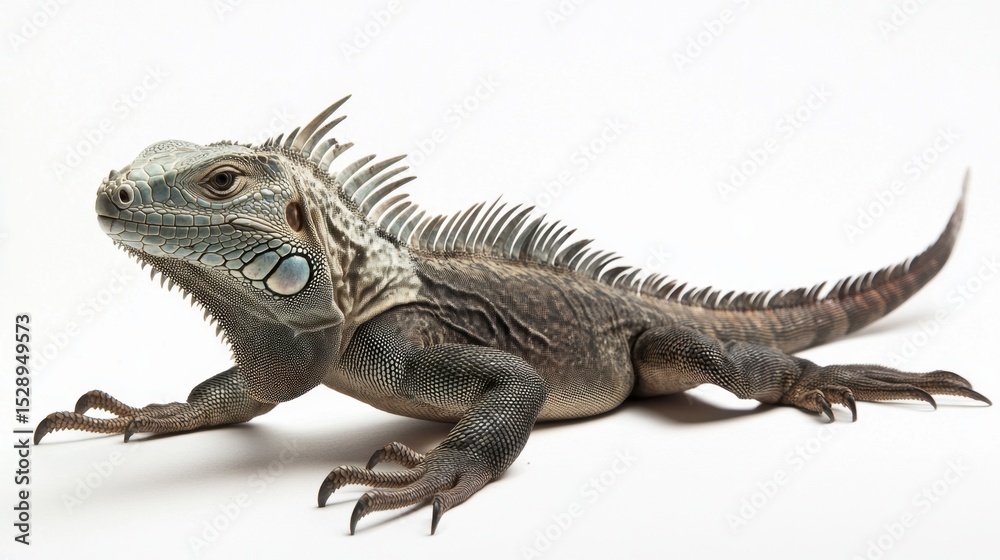 Fototapeta premium Calm spiny-tailed iguana resting, textured skin and claws visible on white surface