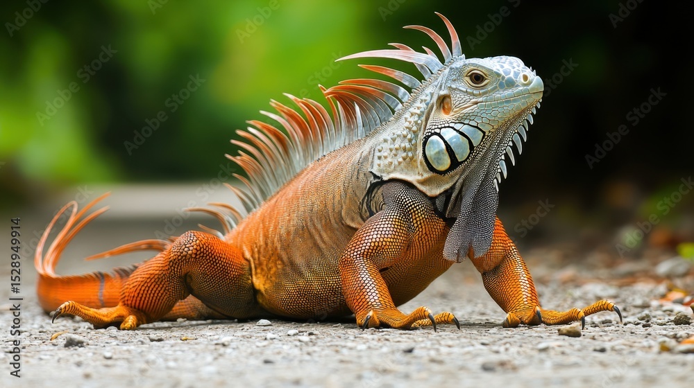 Obraz premium Iguana crawling across frame from side, full display of spiny tail and body scales