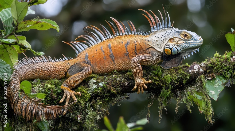 Fototapeta premium Iguana crawling across frame from side, full display of spiny tail and body scales